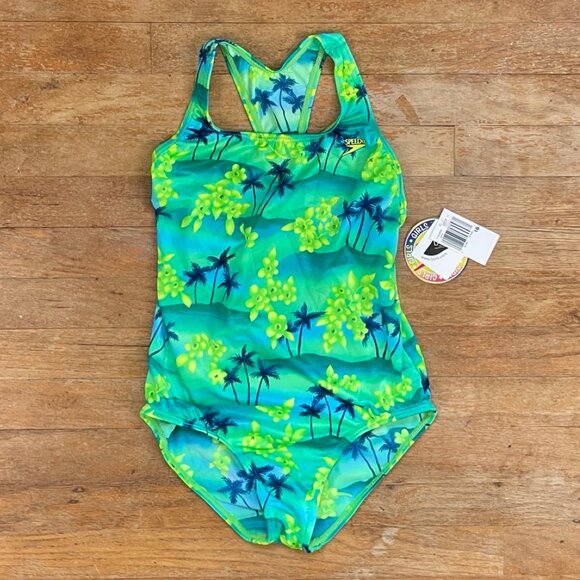 SPEEDO Girls Swim Suit NWT Tropical Print Size 16 Green One Piece Racer Back - Picture 1 of 2